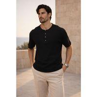 Roth Relaxed Fit Günlük Henley Yaka Waffle Kumaş Yazlık Kısa Kollu T-Shirt - Siyah