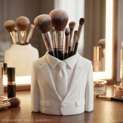 Beyaz Ceket Formlu Kravatlı Makyaj Fırçalığı Masaüstü Kozmetik Düzenleyici