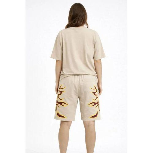 Bej Oversize Baskılı Tişört Şort Takım Cepli Şort Yazlık Rahat Günlük Kombin - Bej