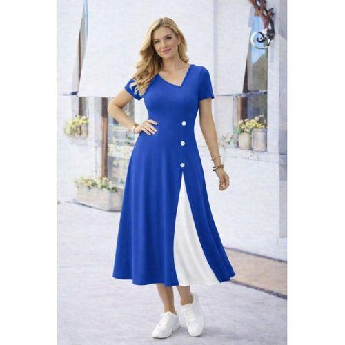 Kadın Kısa Kollu Asimetrik Yakalı Düğme Detaylı Midi Viskon Elbise