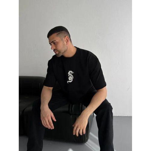 Baskılı Oversize Bisiklet Yaka T-shirt - Siyah