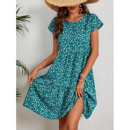 Kadın Kısa Kollu Bisiklet Yaka çiçek Desenli Süprem Elbise