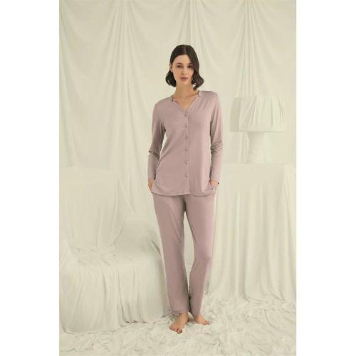 Uzun Kollu Düğmeli V Yaka Pijama Takımı