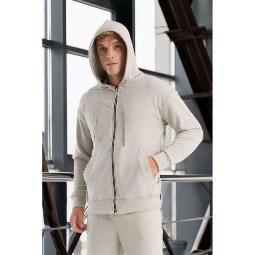 Haneke Regular Kalıp Diagonal 3 İplik Fermuarlı Kapüşonlu Erkek Sweatshirt - Mineral Gri