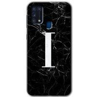 Samsung Galaxy M31 HD Baskılı Kılıf + 9D Tam Ekran Koruyucu - Siyah Mermer Desenli İ Harfi