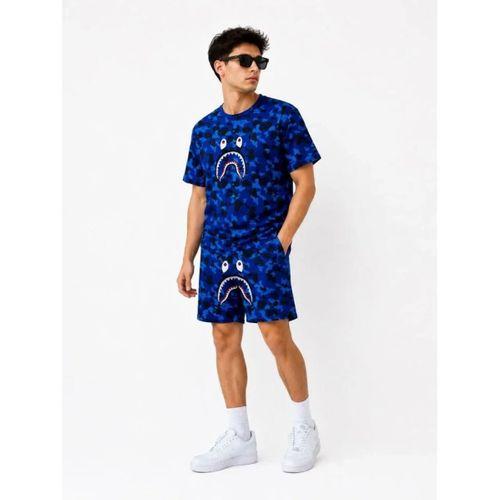 Erkek Oversize Kalıp Pubg Bape X Shark Nakışlı Cepli Şort Takım - Mavi