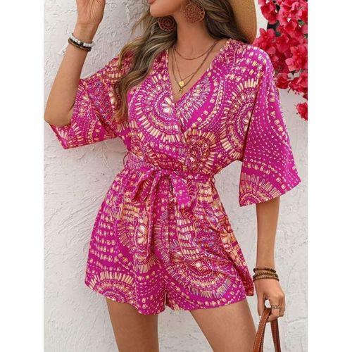 Kadın Kısa Kollu Kruvaze Yakalı Belden Kuşaklı Desenli Kısa Süprem Tulum