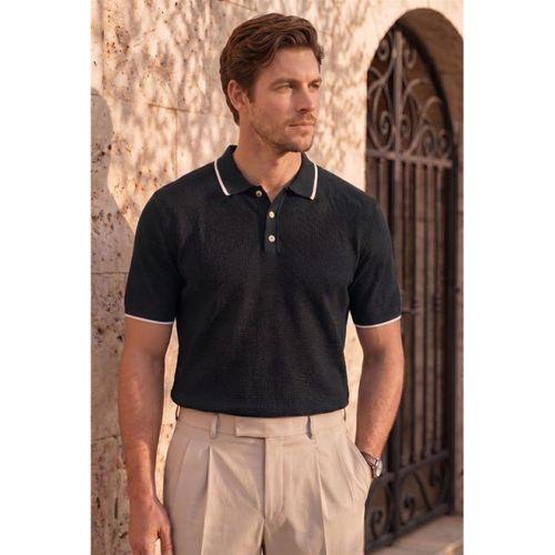 Balzac Yakası Şeritli Düğmeli Polo Yaka Basic Günlük Petek Örgü Triko Erkek T-Shirt - Siyah