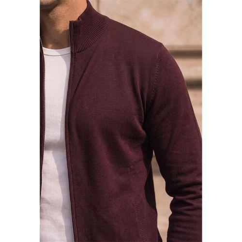 Volare Premium Likralı Fermuarlı Erkek Triko Hırka - Koyu Bordo