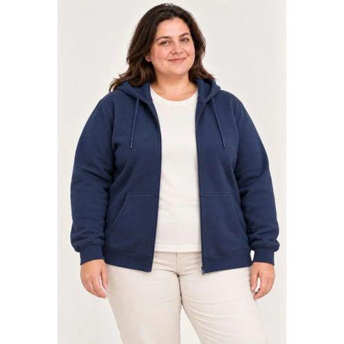 Battal Büyük Beden Üç İplik İçi Şardonlu Kapüşonlu Tam Fermuarlı Kışlık Sweatshirt - Lacivert