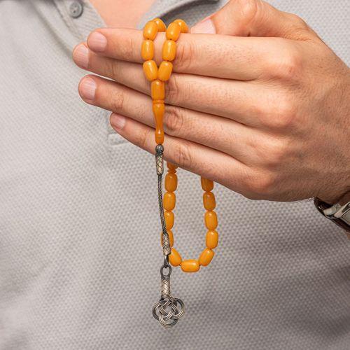 Gümüş Kazaz Püsküllü Kapsül Kesim Sarı Sıkma Kehribar Tesbih