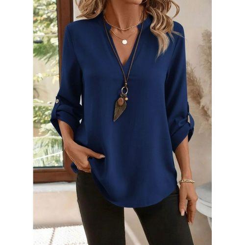 Kadın Uzun Kollu V Yakalı Ithal Krep Lacivert Bluz