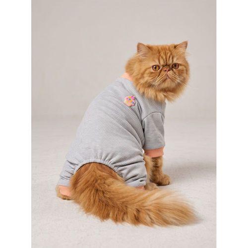 Sweet Cupcake Kedi Tulumu | Gri Beyaz İnce Çizgili Penye Kedi Kıyafeti