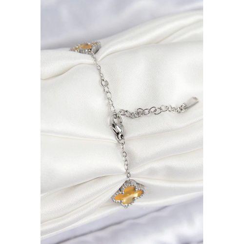 316L Çelik Sedefli Kehribar Sarı Gümüş Renk Yonca Kadın Bileklik