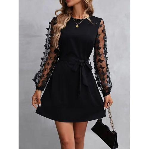 Kadın Uzun Kollu Bisiklet Yaka Kollar Tül Kelebek Detaylı Ithal Krep Elbise