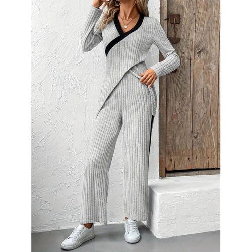 Kadın Uzun Kollu V Yakalı çapraz Detaylı şardonlu Kaşkorse Bluz Ve Pantolon Ikili Takım