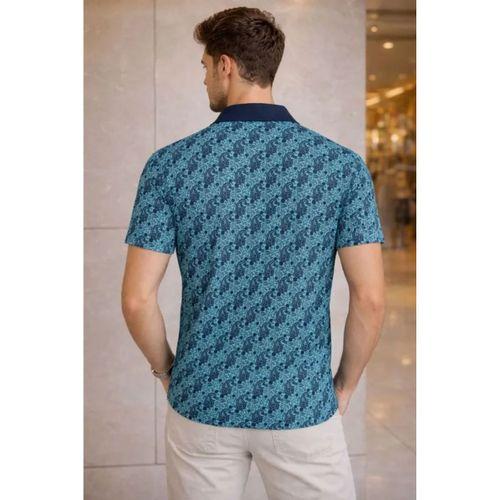Erkek Pike Kumaş Polo Yaka Palmiye Desenli Tişört Kısa Kol Yazlık T-Shirt - Turkuaz