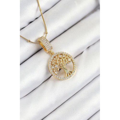 316L Çelik Zirkon Taşlı Hayat Ağacı Model Gold Renk Kadın Kolye