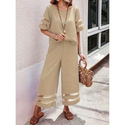 Kadın Kısa Kollu Bisiklet Yakalı Tül şerit Detaylı Bluz Ve Pantolon Ikili Takım