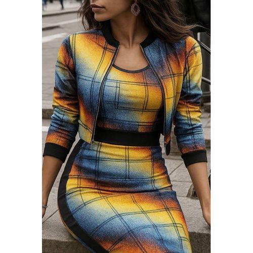 Kadın Uzun Kollu Askılı Yuvarlak Yaka Desenli Dalgıç Bluz Ceket Ve Etek üçlü Takım