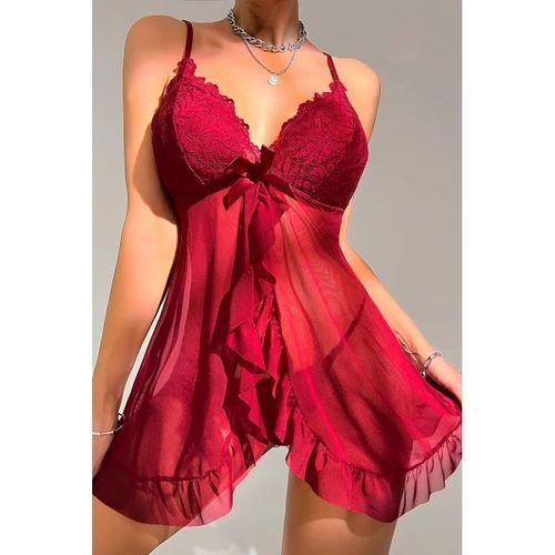 Kadın Bordo Dantelli, Fırfırlı Tül Ve Fiyonk Detaylı Tangalı Gecelik Takımı