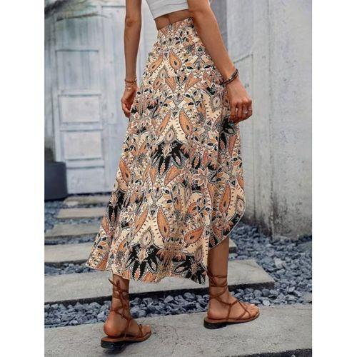 Kadın Yüksek Bel çiçek Desenli önü Asimetrik Detaylı Uzun Süprem Etek