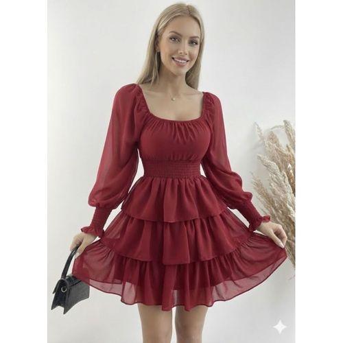 Kadın Uzun Kollu Kare Yaka Beli Lastikli Volanlı şifon Elbise