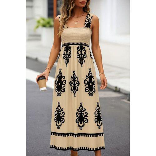 Kadın Askılı Kare Yaka Gipe Detaylı Desenli Suprem Elbise