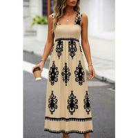 Kadın Askılı Kare Yaka Gipe Detaylı Desenli Suprem Elbise