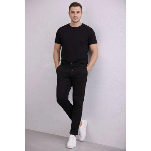 Erkek Diagonel Mikro Dokulu Duble Paça Cepli Pantolon Bağcıklı Bel, Modern Kesim - Siyah