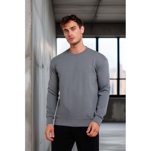 Wenders Relax Fit Basic Fırçalı Interlok Bisiklet Yaka Erkek Sweatshirt - Füme