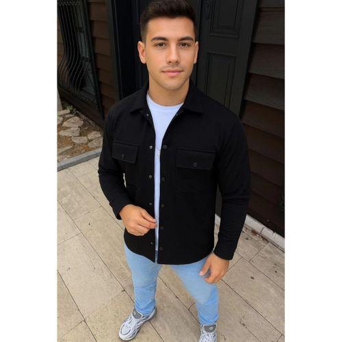 Erkek Diagonal Kumaş Cepli Çıtçıtlı Uzun Kollu, Gömlek Oversize Rahat Kalıp Günlük Şık Stil - Siyah