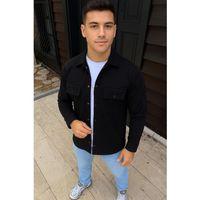 Erkek Diagonal Kumaş Cepli Çıtçıtlı Uzun Kollu, Gömlek Oversize Rahat Kalıp Günlük Şık Stil - Siyah