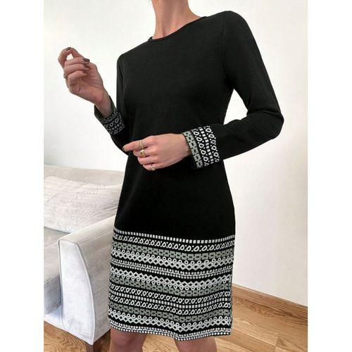 Kadın Uzun Kollu Bisiklet Yaka Kol Ağzı Ve Etek Ucu Baskılı Iki Iplik Elbise