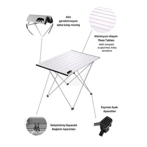Kamp Ayısı® Orta Boy Alüminyum Katlanabilir Kamp ve Piknik Masası, Çantalı, Gri
