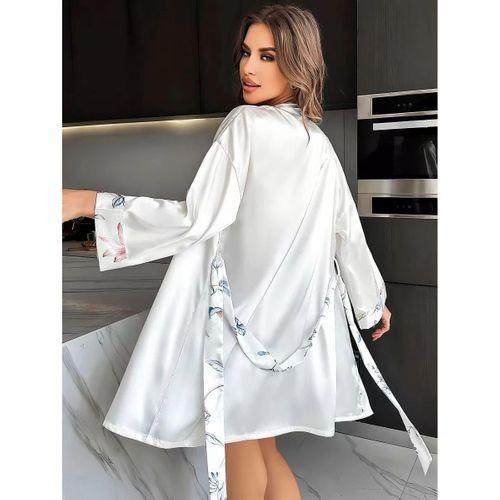 Özel Tasarım Çiçek Desenli Göğüs Dekolteli Sabahlıklı 2'li Beyaz Saten Gecelik Takımı