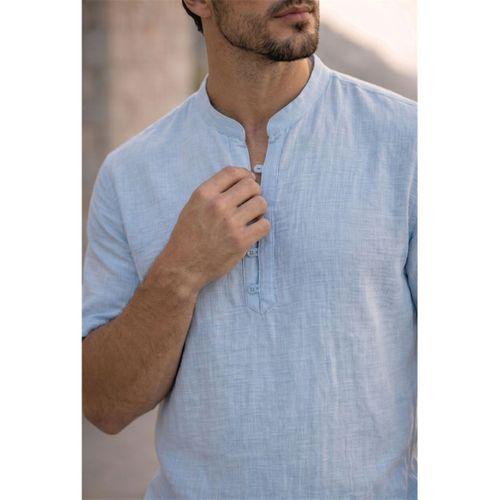 Wes Oversize Yarım Pat Bambu Kısa kol Gömlek - Açık Mavi