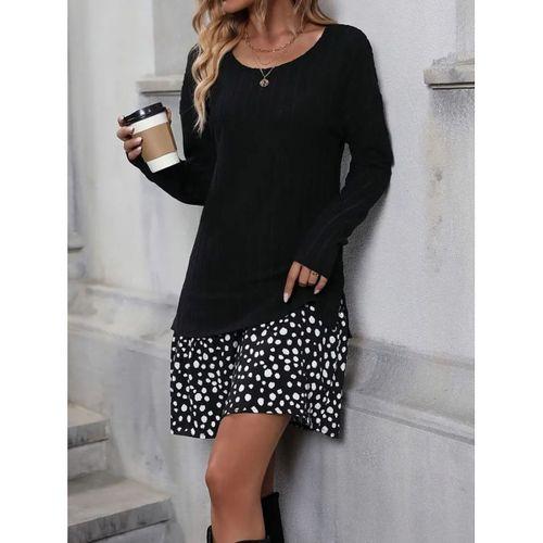 Kadın Uzun Kollu Bisiklet Yaka şardonlu Kaşkorse Bluz Ve Süprem Etek Elbise