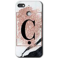 General Mobile GM 8 Go HD Baskılı Kılıf + 9D Tam Ekran Koruyucu - Pembe Mermer Desenli Ç Harfi
