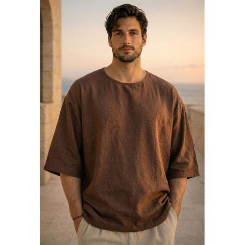 Castiel Bisiklet Yaka Fakir Kol Oversize Kısa Kol T-shirt - Kahve