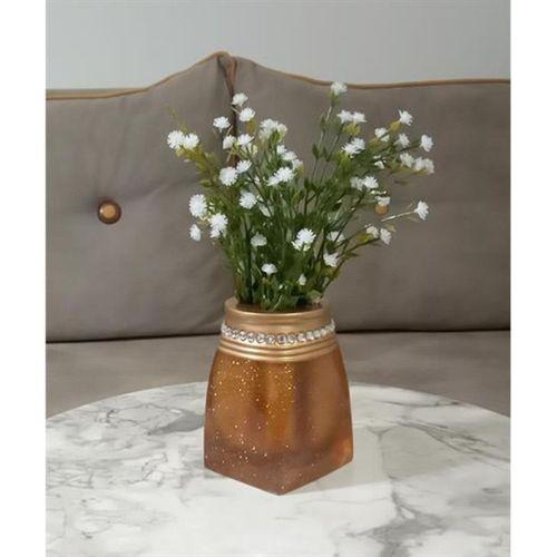 2 Adet Vazo Dahil,Vazoda Çiçek,Beyaz Yapay Çiçek,Vazo Dekoratif Taşlı Altın Poliresin 7X7X15Cm