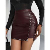 Kadın Yüksek Belli Yandan çivili Mini Deri Etek