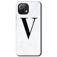 MRCİLETİSİM Xiaomi Mi 11 Kılıf HD Desen Baskılı Arka Kapak + Temperli Cam - Beyaz Mermer Desenli V Harfi