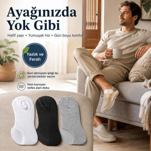 Erkek Görünmez Sneaker Babet Çorap 6'lı | Geri Dönüşüm İplikli, Kaymaz Topuk, Siyah Gri Beyaz