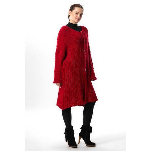 Uzun Kol Şehrazat Düğme Detaylı Sonbahar ve Kışlık Uzun Triko Hırka Kırmızı Krmz