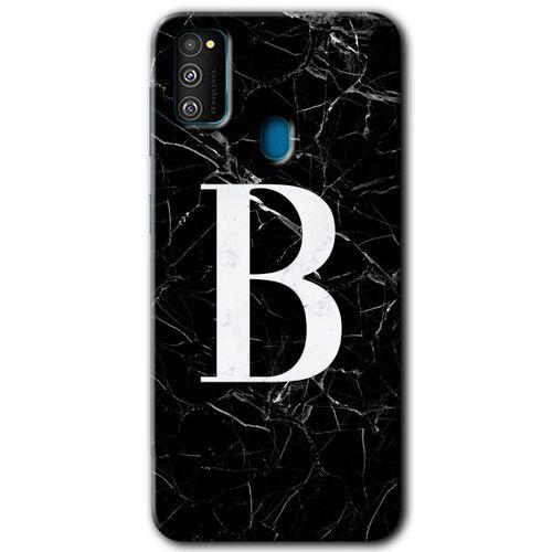 MRCİLETİSİM Samsung Galaxy M21 Kılıf HD Desen Baskılı Arka Kapak + Temperli Cam - Siyah Mermer Desenli B Harfi