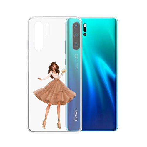 Huawei P30 Kahverengi Etekli Kız Şeffaf Telefon Kılıfı