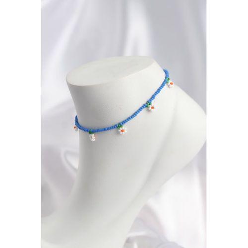 Buz Mavisi Renk Boncuklu Papatya Motifli Halhal