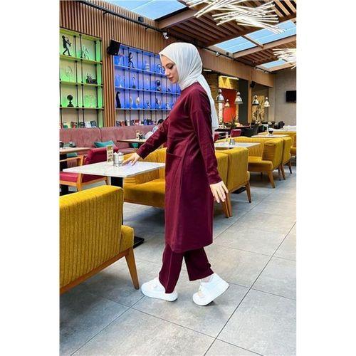 Önden İki Cepli Sade Basic Uzun Tunik Pantolon İkili Spor Takımı - 03067.009 - Bordo