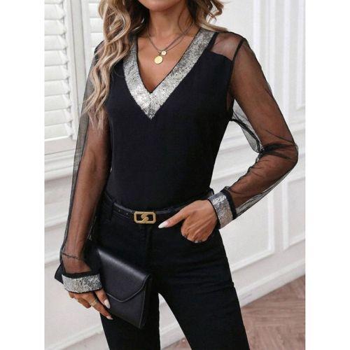 Kadın Uzun Kollu V Yakalı Tül Detaylı Ithal Krep Bluz